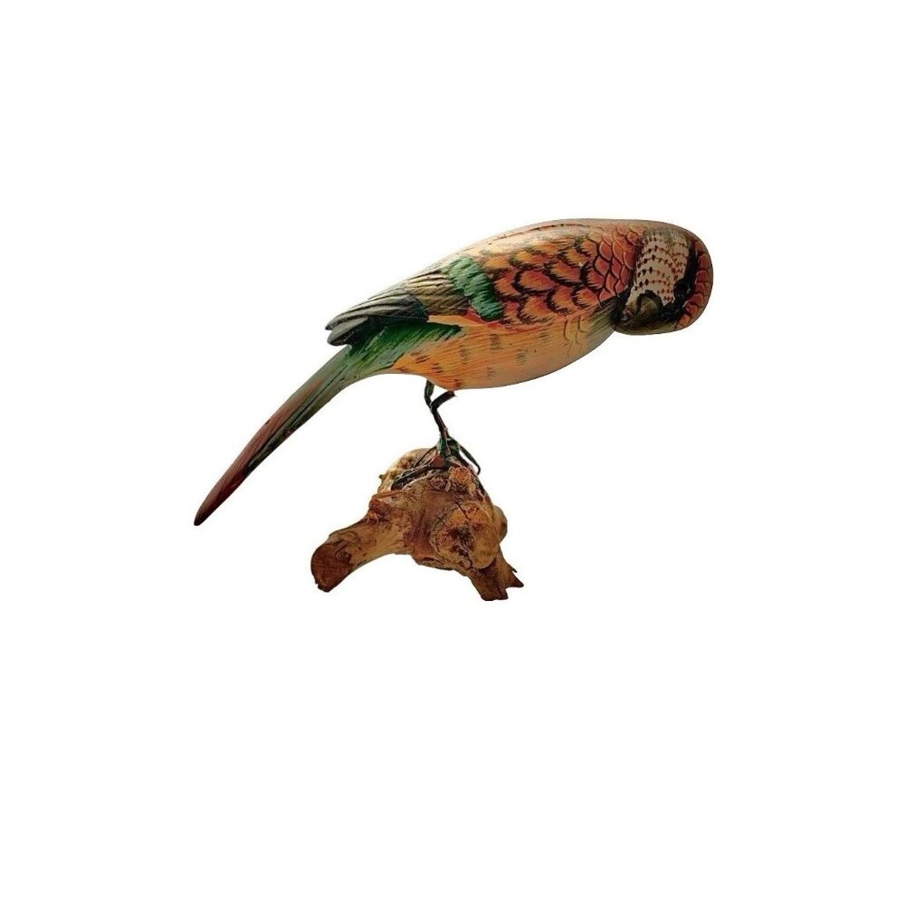 Parrot Figurine on Driftwood Base Hand Carved Bird Sculpture Vintage Decor